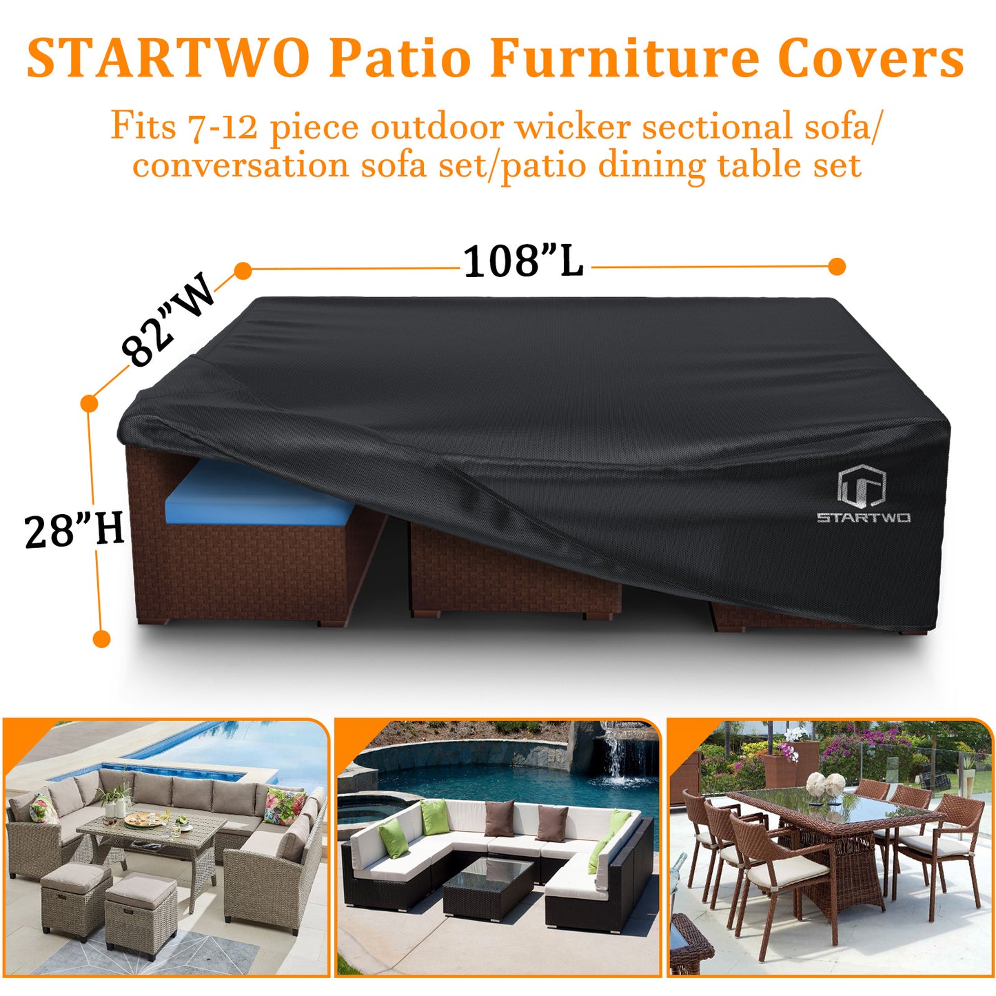 STARTWO Patio Furniture Covers Waterproof,Heavy Duty 7-12 Seats Outdoor Furniture Cover for Sectional Sofa, Table and Chairs Set, 108"Lx82"Wx28"H, Black