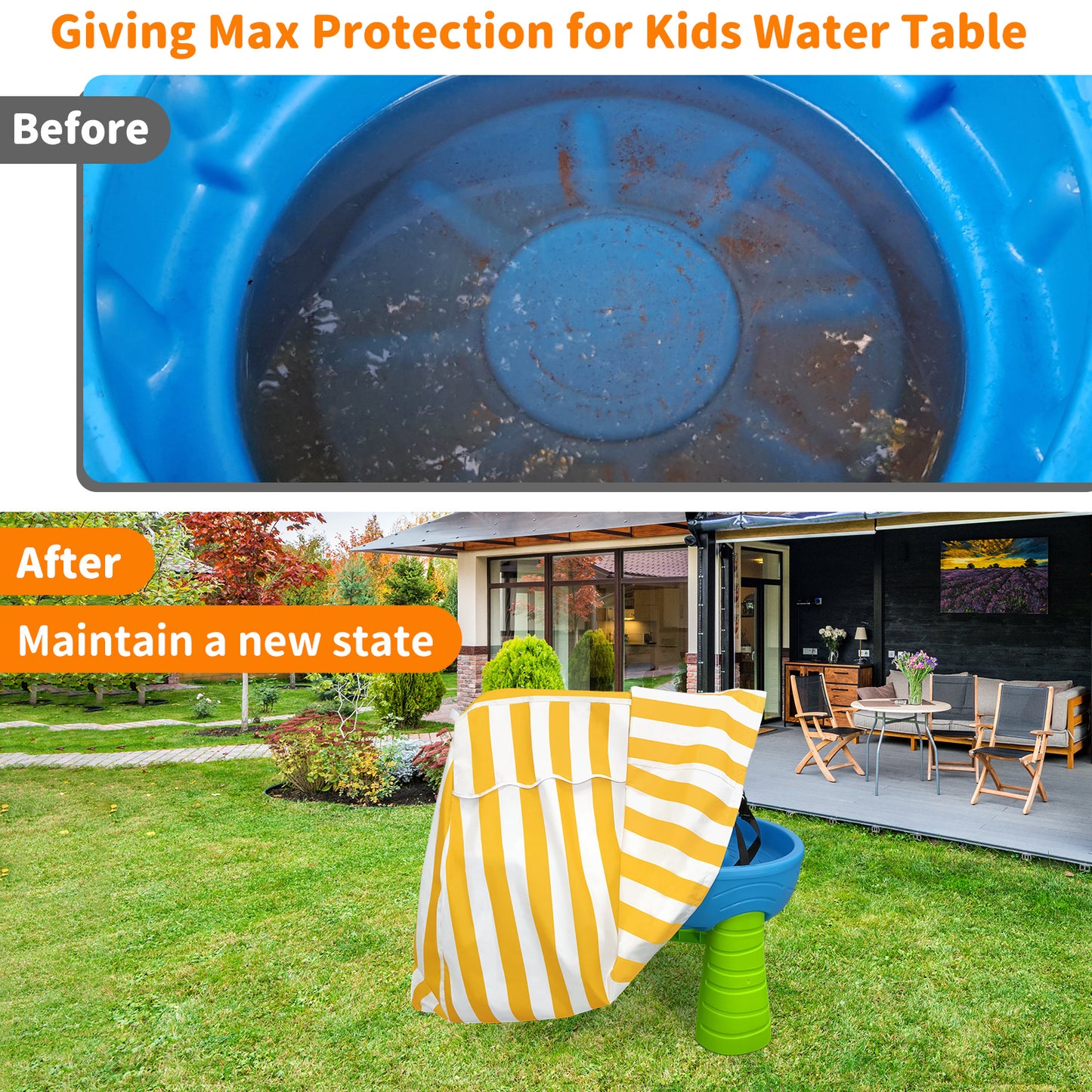AKEfit Kids Water Table Cover, Waterproof Dustproof Outdoor Toys Cover Fits Rain Showers Splash Pond Water Table for Toddlers 1-3 - Yellow White (Cover Only)