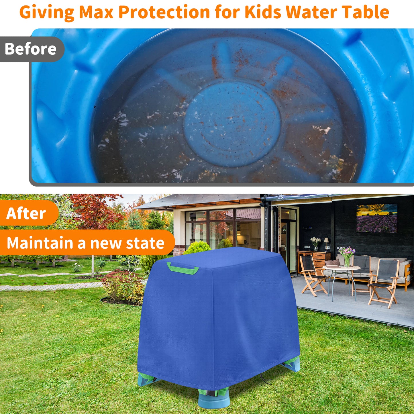 AKEfit Kids Water Table Cover, Waterproof Dustproof Outdoor Toys Cover Fits Rain Showers Splash Pond Water Table for Toddlers 1-3 - Blue (Cover Only)