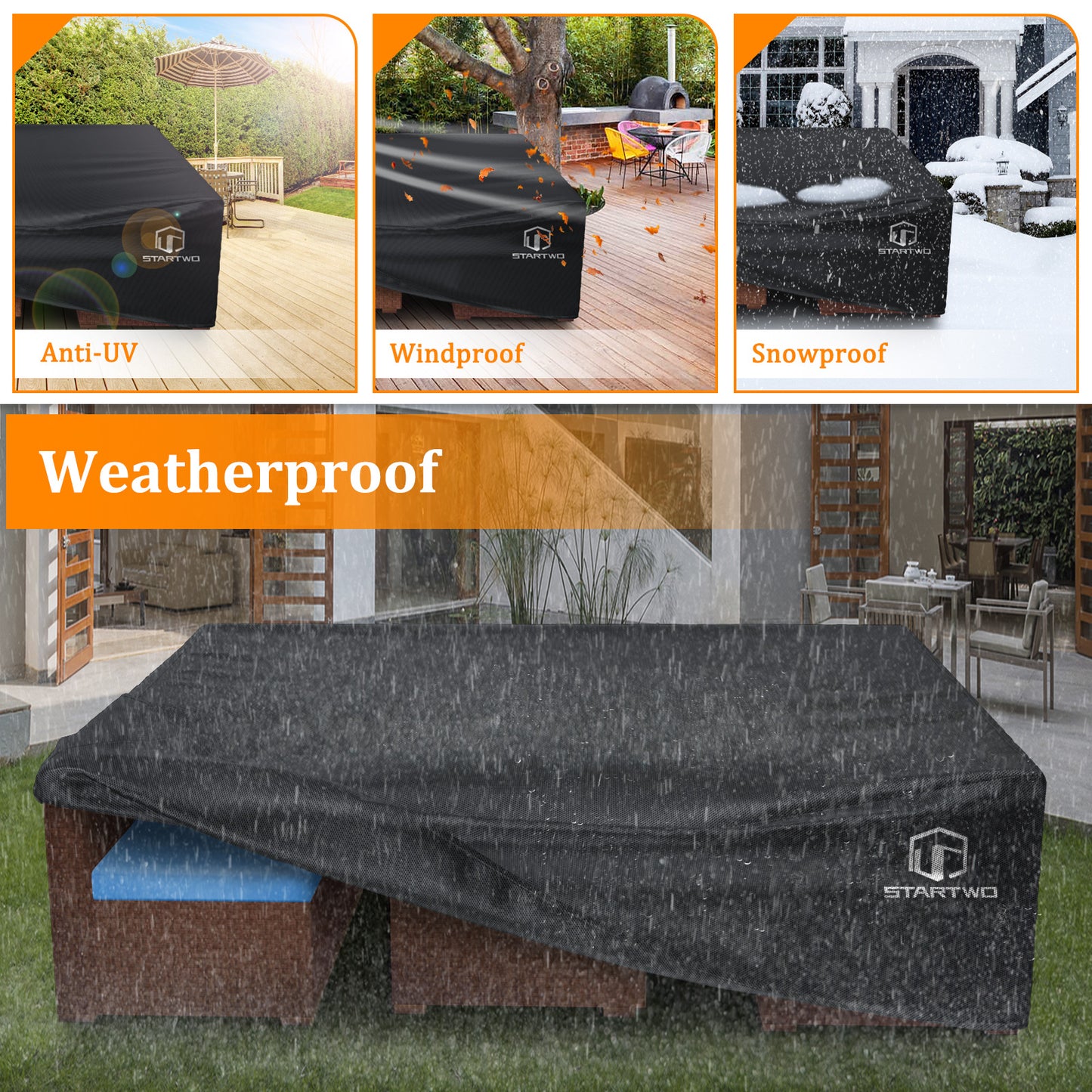STARTWO Patio Furniture Covers Waterproof,Heavy Duty 7-12 Seats Outdoor Furniture Cover for Sectional Sofa, Table and Chairs Set, 108"Lx82"Wx28"H, Black