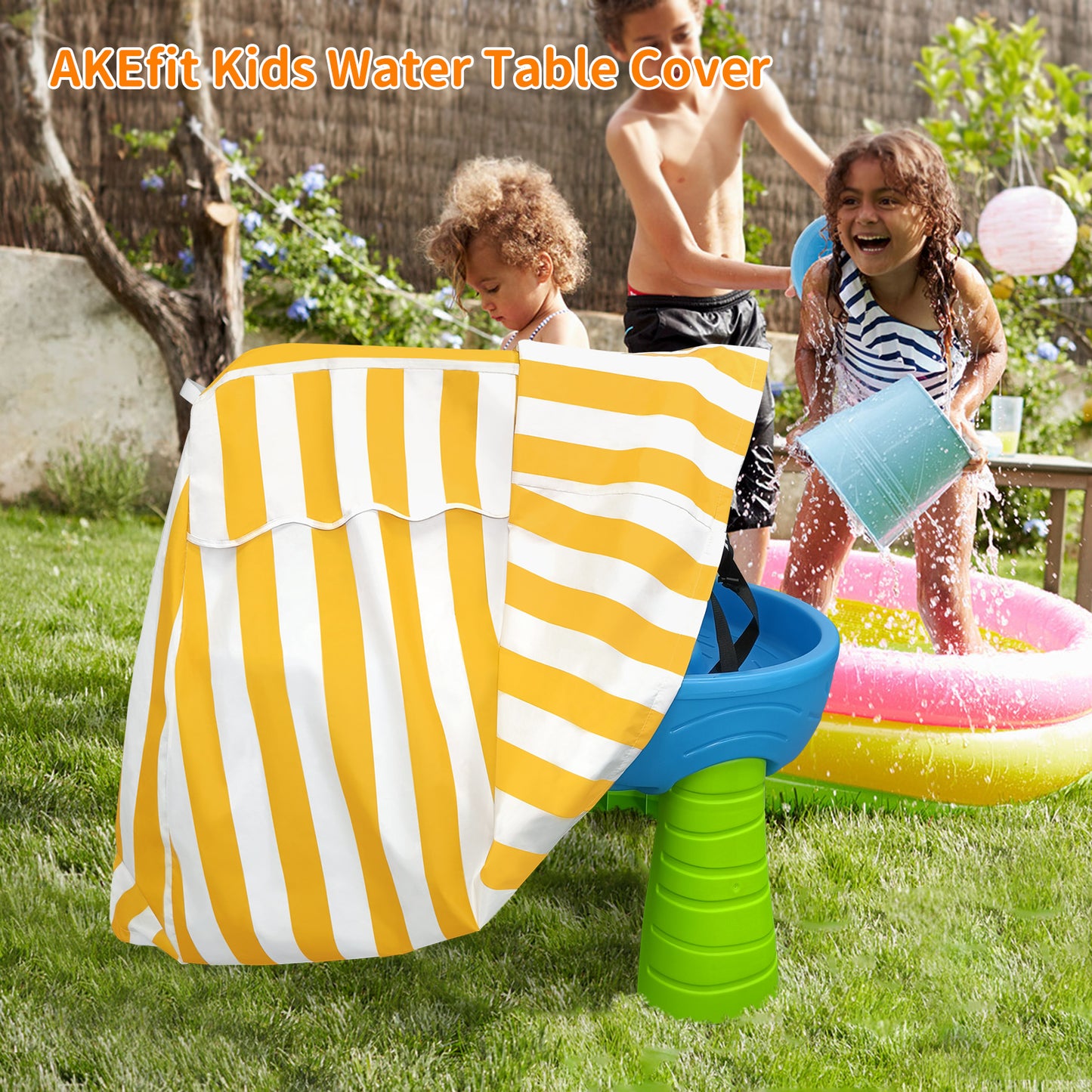 AKEfit Kids Water Table Cover, Waterproof Dustproof Outdoor Toys Cover Fits Rain Showers Splash Pond Water Table for Toddlers 1-3 - Yellow White (Cover Only)