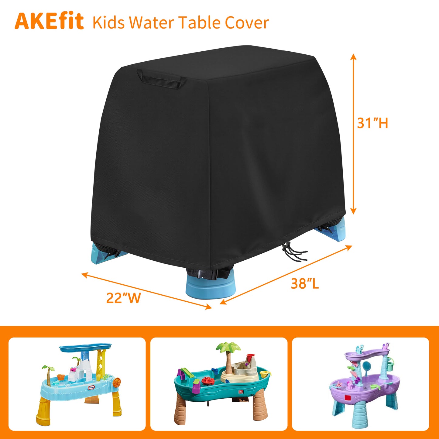 AKEfit Kids Water Table Cover Fit Rain Showers Splash Pond Water Table, Waterproof Dustproof Outdoor Toys Cover, Black (Cover Only)