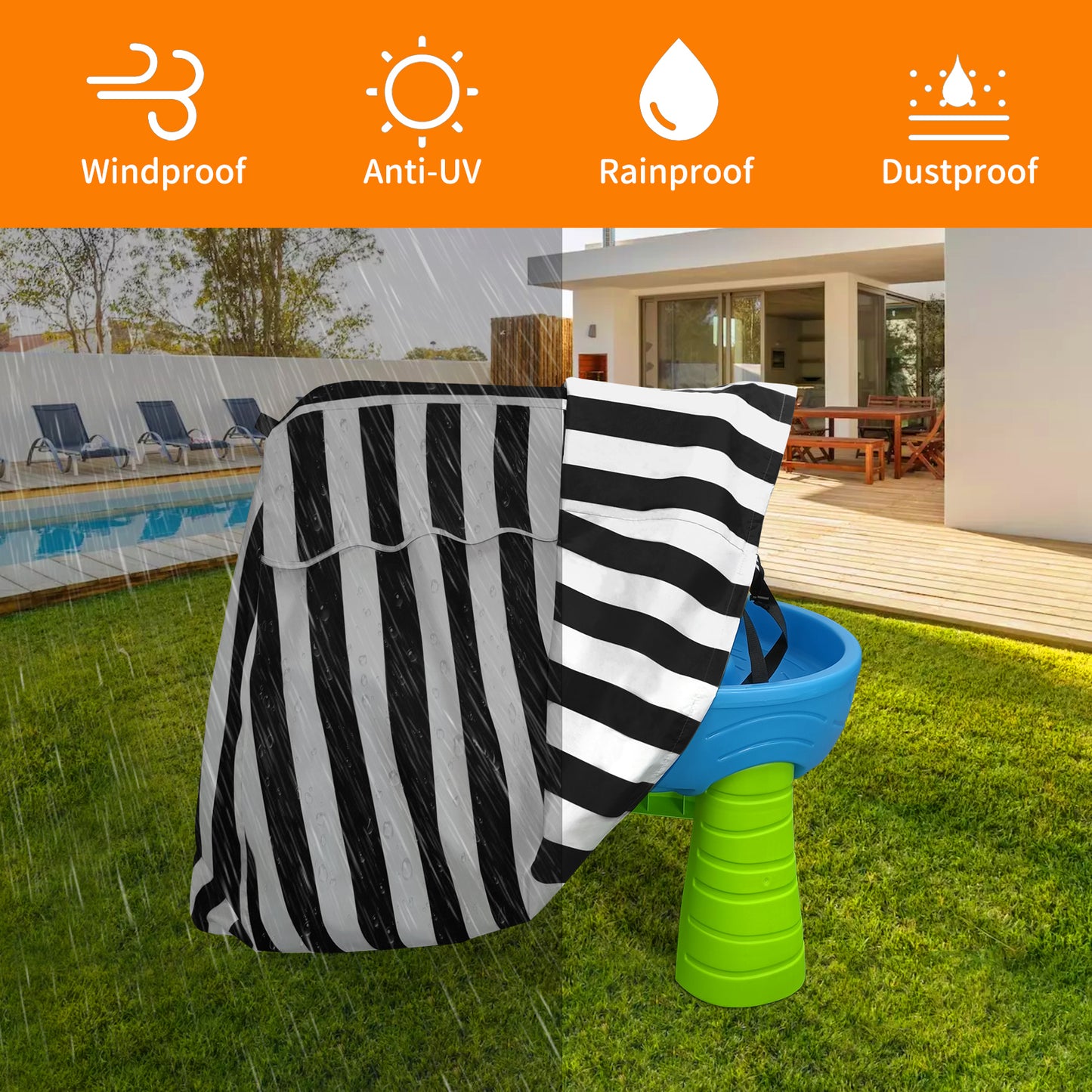 AKEfit Kids Water Table Cover, Waterproof Dustproof Outdoor Toys Cover Fits Rain Showers Splash Pond Water Table for Toddlers 1-3 - Black White (Cover Only)