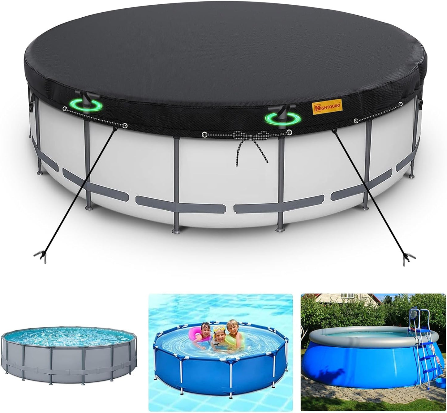 HIGHTQURO 18Ft Round Pool Cover for Swimming Pools with Ground Nails and Windproof Ropes Increase Stability, Waterproof and Dustproof, Black