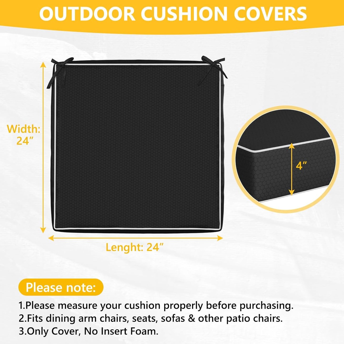 COSHNIBI Patio Cushion Covers 24'' X 24'' X 4'', Waterproof and Fade-Resistant Outdoor Cushion Cover Replacement for Slipcovers,Rattan Chair Sofa & Lounge Seat - 2 Pack, Black(Covers Only)
