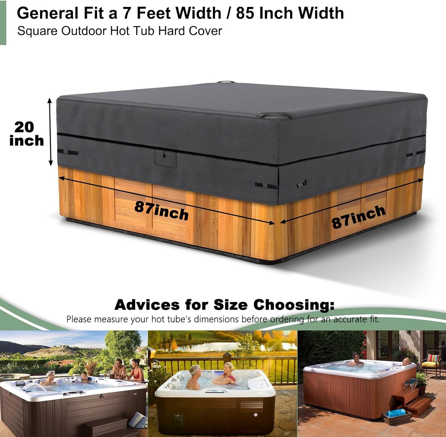 Gasadar Hot Tub Cover, Spa Cover, Waterproof Spa Covers for Hot Tub, 600D Heavy Duty Hot Tub Covers Replacement, Outdoor Patio Hot Tub Cover Protector Cover -Fit 7 Ft Square Spa Hot Tub, Up to 85 x 85