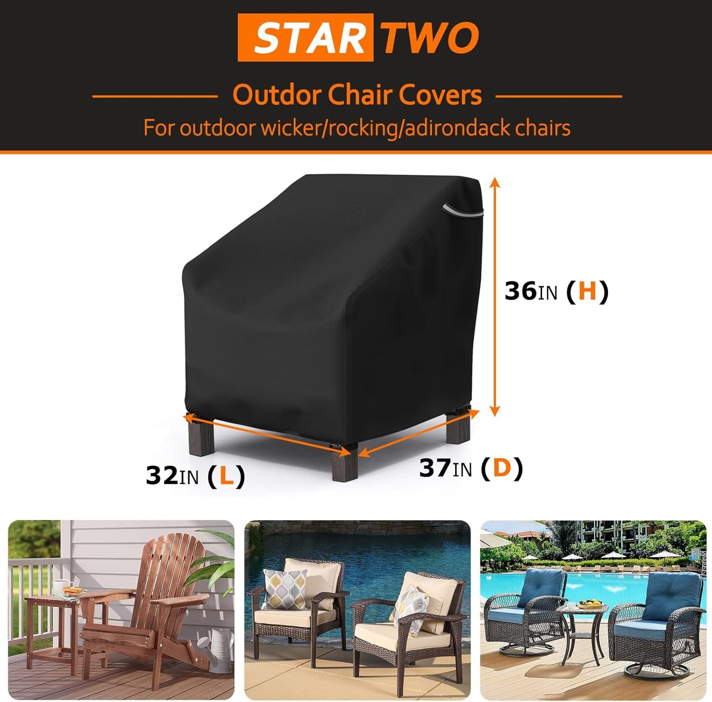 STARTWO Patio Chair Covers 2 Pack Outdoor Furniture Covers Waterproof Fit for 32" Lx 37" W x 36" H,Heavy Duty Lawn Chair Covers for Lounge Deep Seat, Black