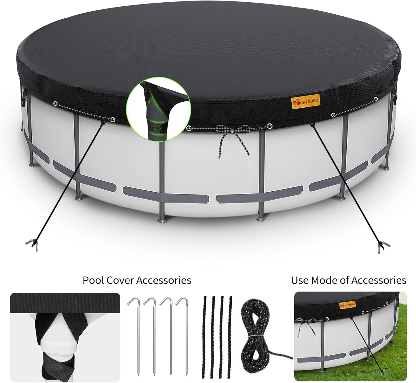 HIGHTQURO 18Ft Round Pool Cover for Swimming Pools with Ground Nails and Windproof Ropes Increase Stability, Waterproof and Dustproof, Black