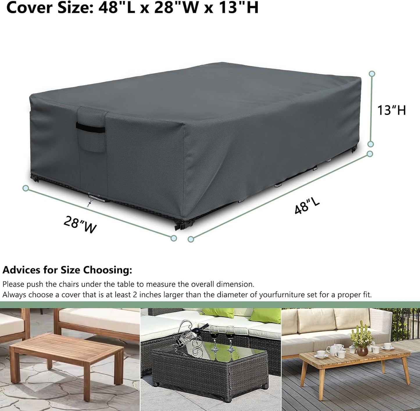 Patio Furniture Covers Waterproof for Coffee Table Cover, Heavy Duty Durable Rectangular Outdoor Coffee Table Cover, 48L x 28Wx 13H inches, Grey