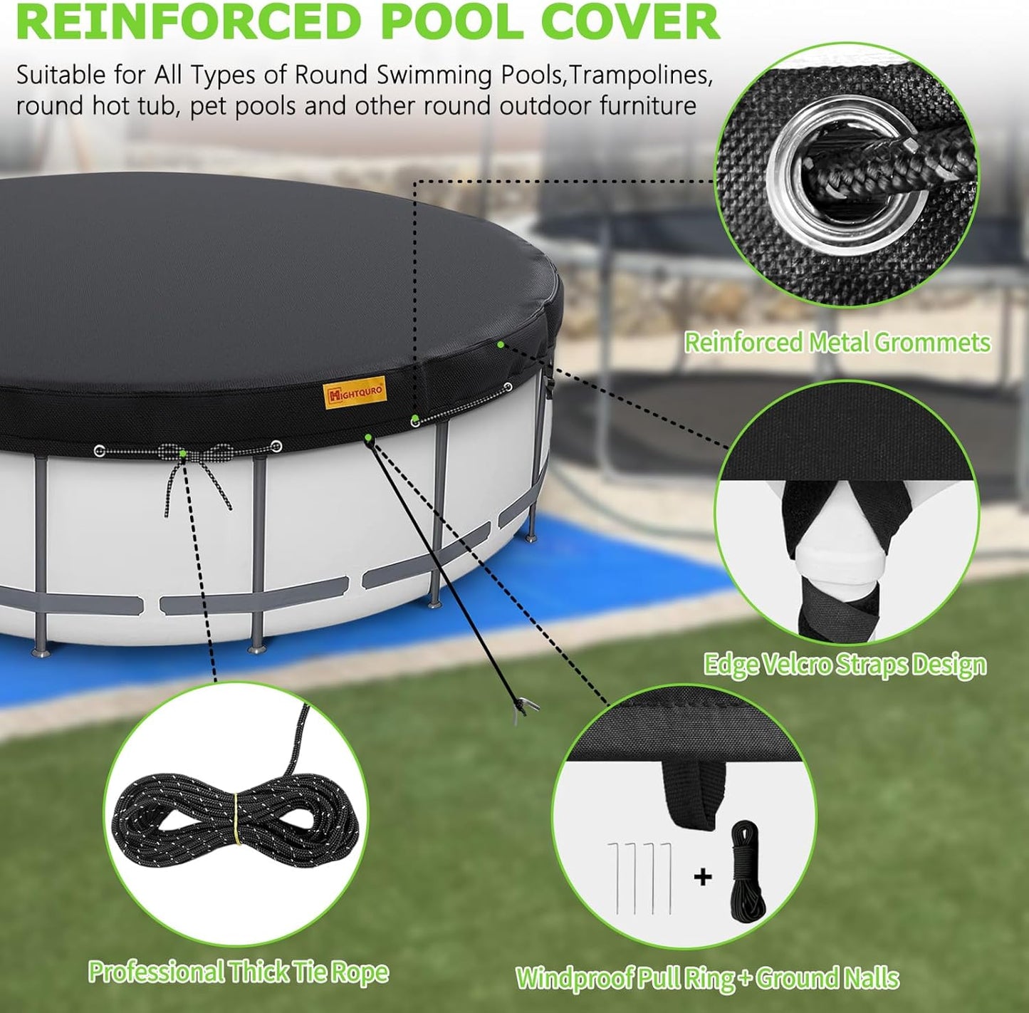 HIGHTQURO 18Ft Round Pool Cover for Swimming Pools with Ground Nails and Windproof Ropes Increase Stability, Waterproof and Dustproof, Black