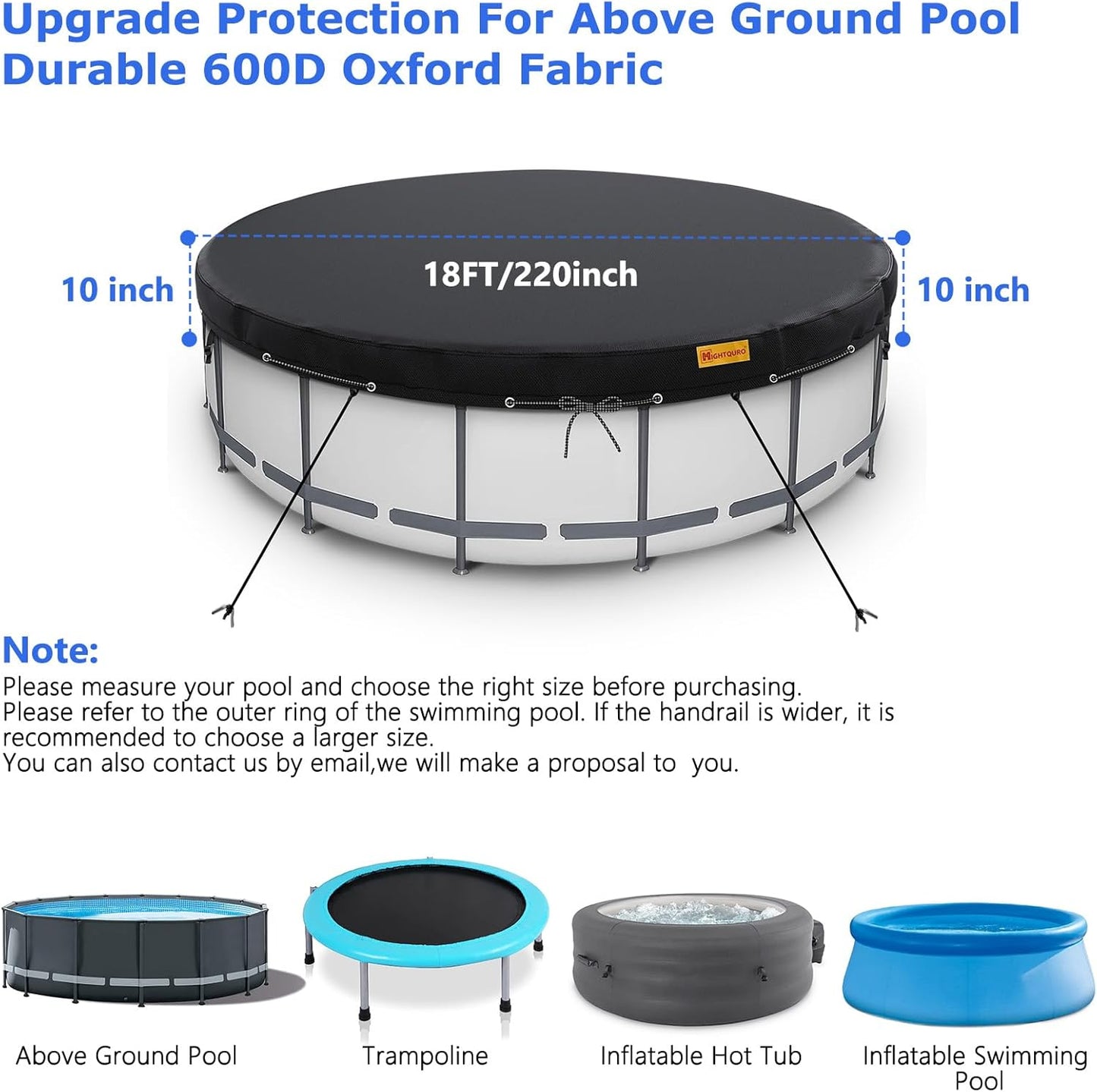 HIGHTQURO 18Ft Round Pool Cover for Swimming Pools with Ground Nails and Windproof Ropes Increase Stability, Waterproof and Dustproof, Black