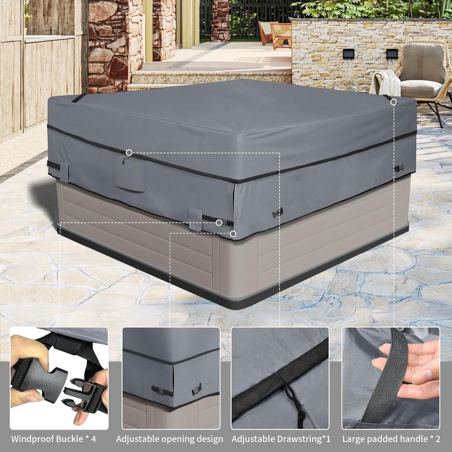 AKEfit Outdoor Waterproof and Weatherproof Hot Tub Cover 85 x 85 inch fit 84 x 84 or 83 x 83 or 82 x 82 or 7 ft x 7 ft Square SPA 600D Heavy Duty Cover Protectors Protective Cover Cap