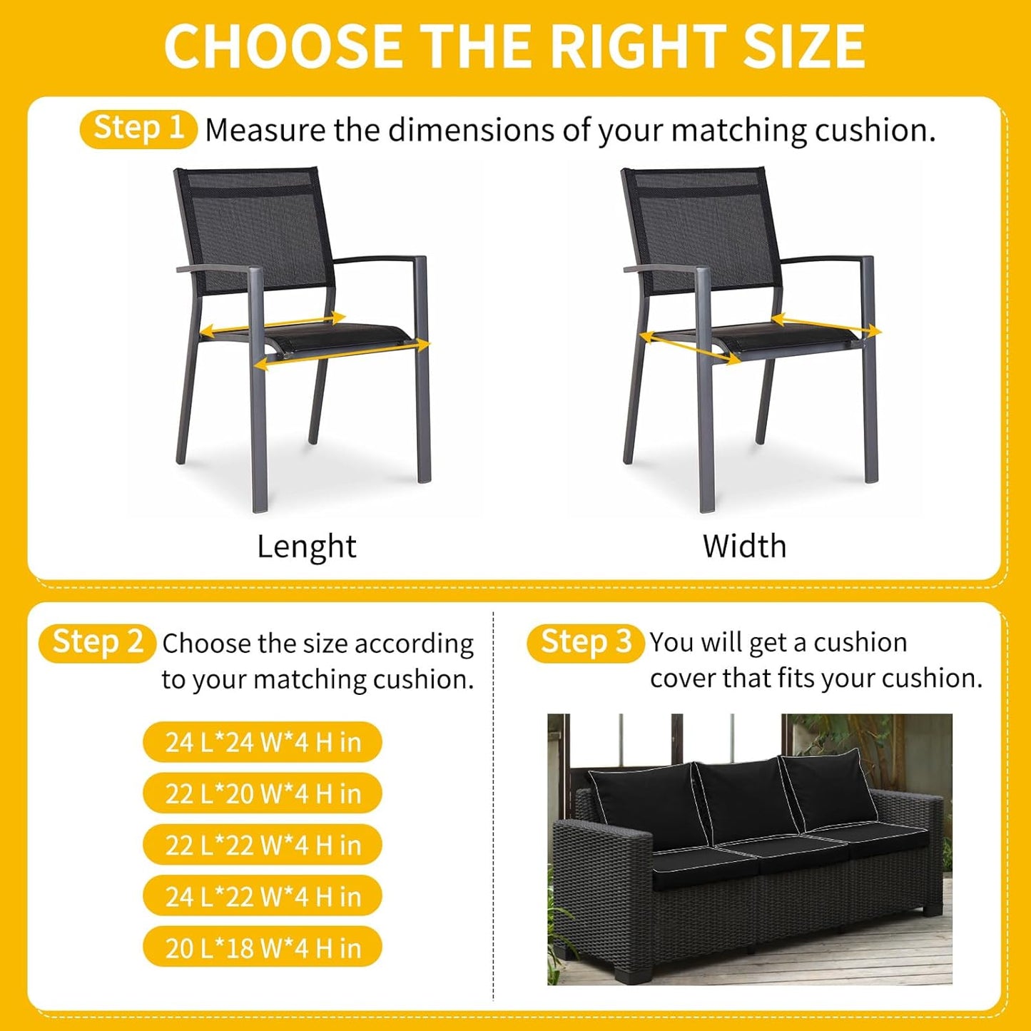 COSHNIBI Patio Cushion Covers 24'' X 24'' X 4'', Waterproof and Fade-Resistant Outdoor Cushion Cover Replacement for Slipcovers,Rattan Chair Sofa & Lounge Seat - 2 Pack, Black(Covers Only)