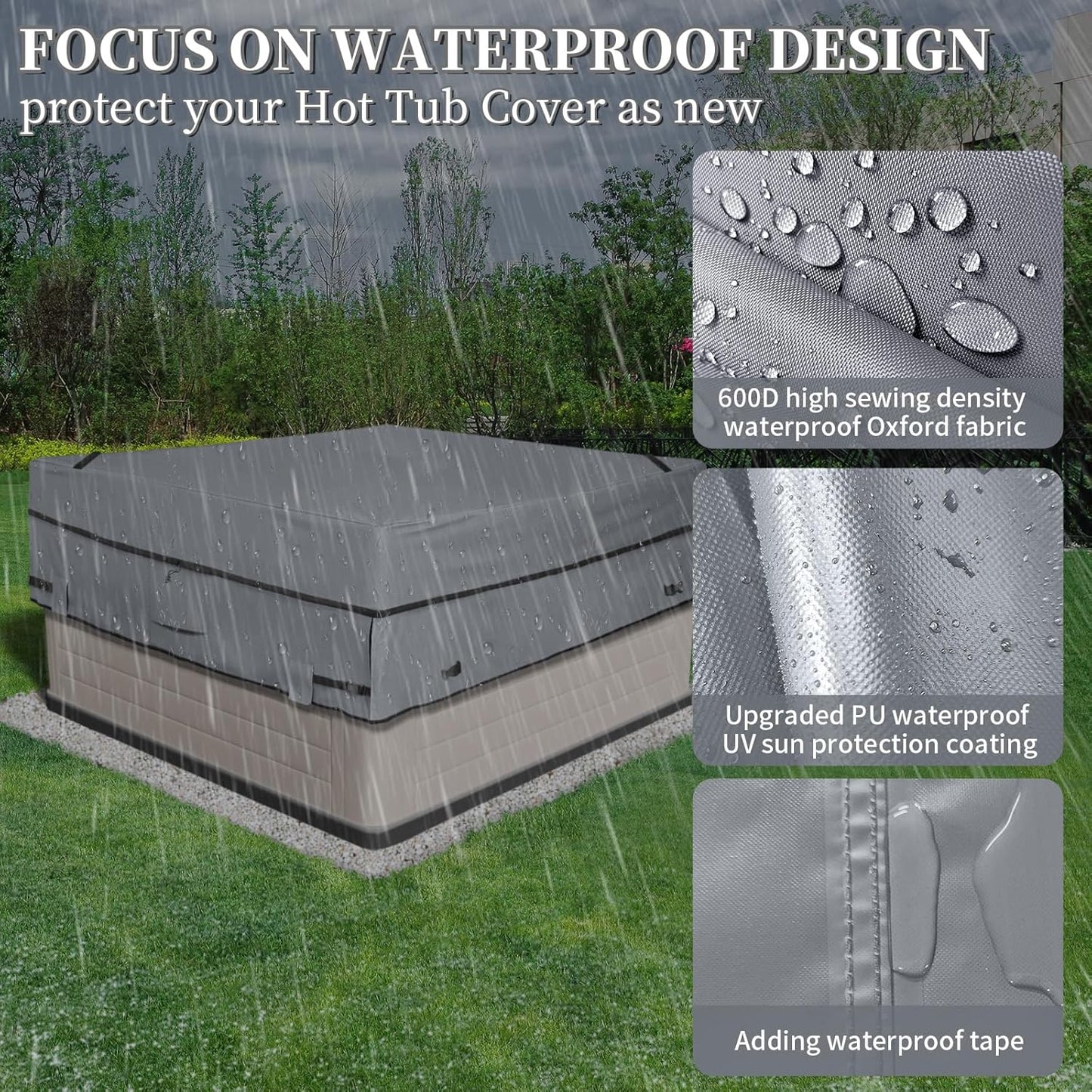 AKEfit Outdoor Waterproof and Weatherproof Hot Tub Cover 85 x 85 inch fit 84 x 84 or 83 x 83 or 82 x 82 or 7 ft x 7 ft Square SPA 600D Heavy Duty Cover Protectors Protective Cover Cap