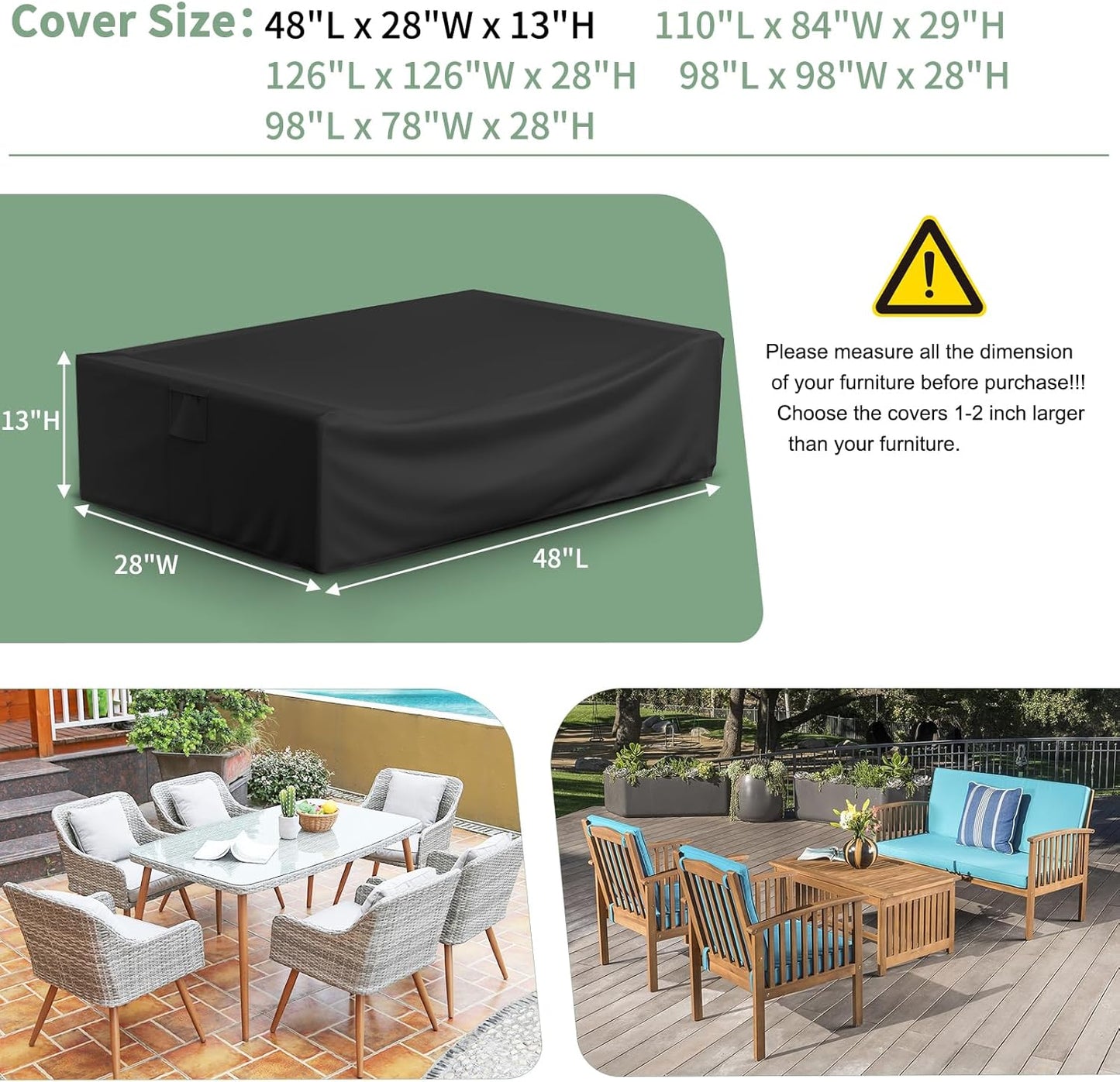 Patio Furniture Covers Waterproof for Coffee Table Cover, Heavy Duty Durable Rectangular Outdoor Coffee Table Cover, 48L x 28Wx 13H inches, Black