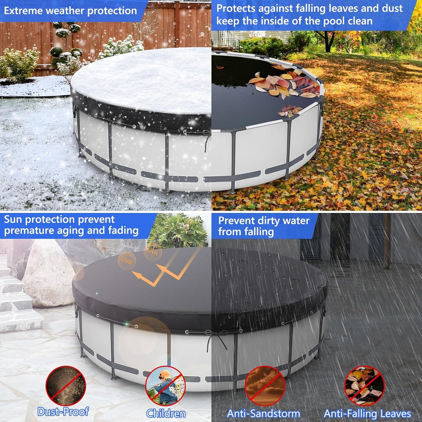HIGHTQURO 18Ft Round Pool Cover for Swimming Pools with Ground Nails and Windproof Ropes Increase Stability, Waterproof and Dustproof, Black