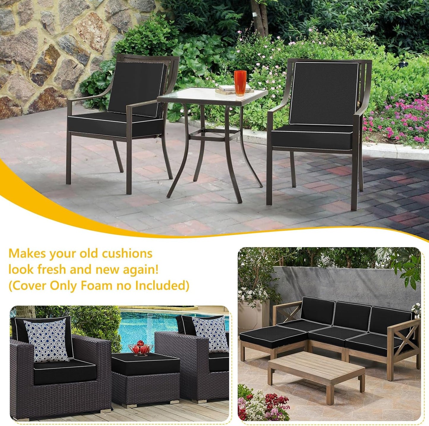COSHNIBI Patio Cushion Covers 24'' X 24'' X 4'', Waterproof and Fade-Resistant Outdoor Cushion Cover Replacement for Slipcovers,Rattan Chair Sofa & Lounge Seat - 2 Pack, Black(Covers Only)