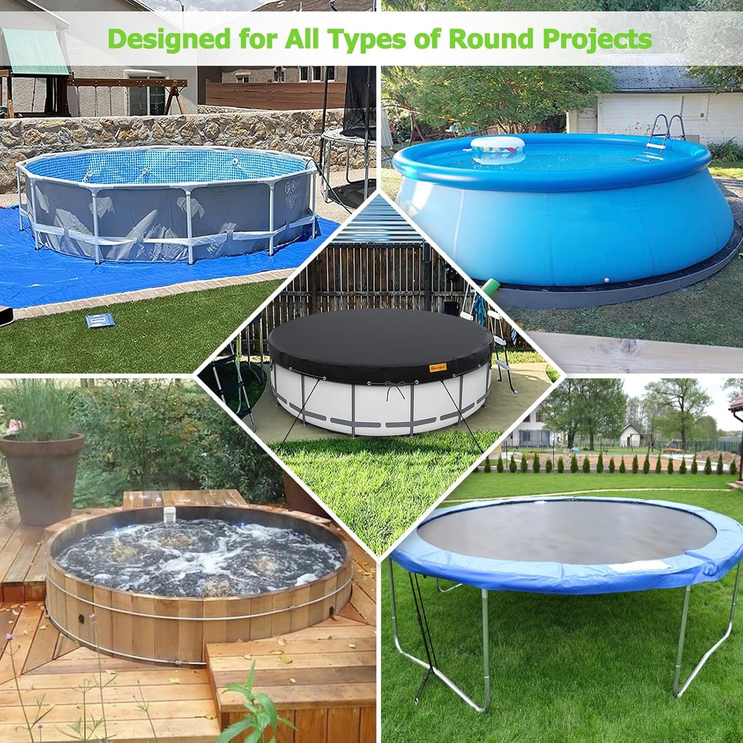 HIGHTQURO 18Ft Round Pool Cover for Swimming Pools with Ground Nails and Windproof Ropes Increase Stability, Waterproof and Dustproof, Black