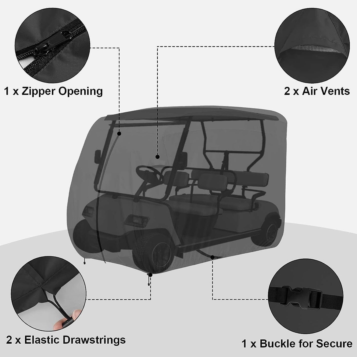STARTWO Tailored for both 2 and 4 passenger carts, this universal cover is a harmonious fit for a myriad of brands. Crafted from durable 400D fabric, it offers impeccable protection against water and UV damage. car cover