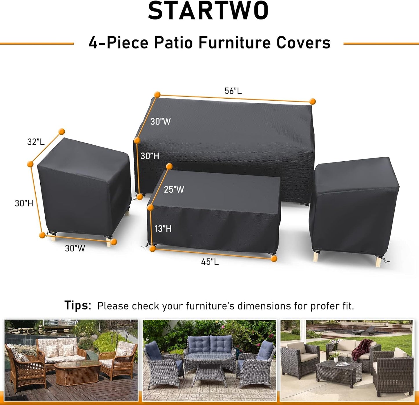 STARTWO Outdoor Furniture Cover Waterproof, Patio Furniture Covers 4 Piece Set, Heavy Duty 500D Patio Furniture Set Cover for Chairs, Couch, Table Coffee, Black,sofa cover