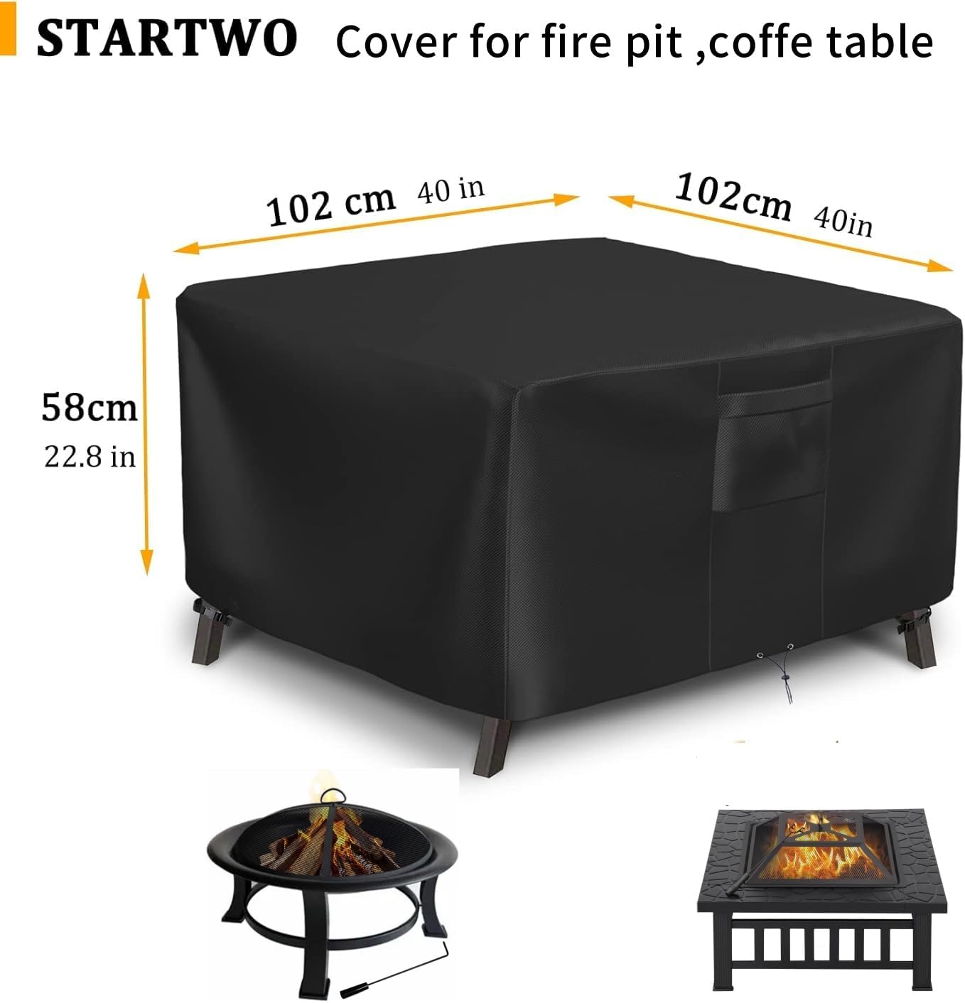 STARTWO Patio Furniture Covers, Fire Pit Cover Waterproof Outdoor Table Cover Durable Heavy Duty Oxford Square with Handle, Windproof & Anti-UV Square Patio Table Cover, 40x40x23inch Black