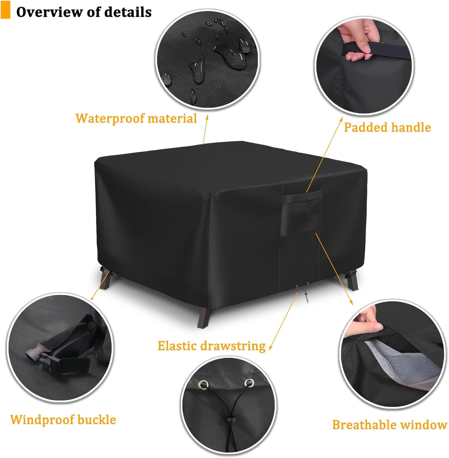 STARTWO Patio Furniture Covers, Fire Pit Cover Waterproof Outdoor Table Cover Durable Heavy Duty Oxford Square with Handle, Windproof & Anti-UV Square Patio Table Cover, 40x40x23inch Black