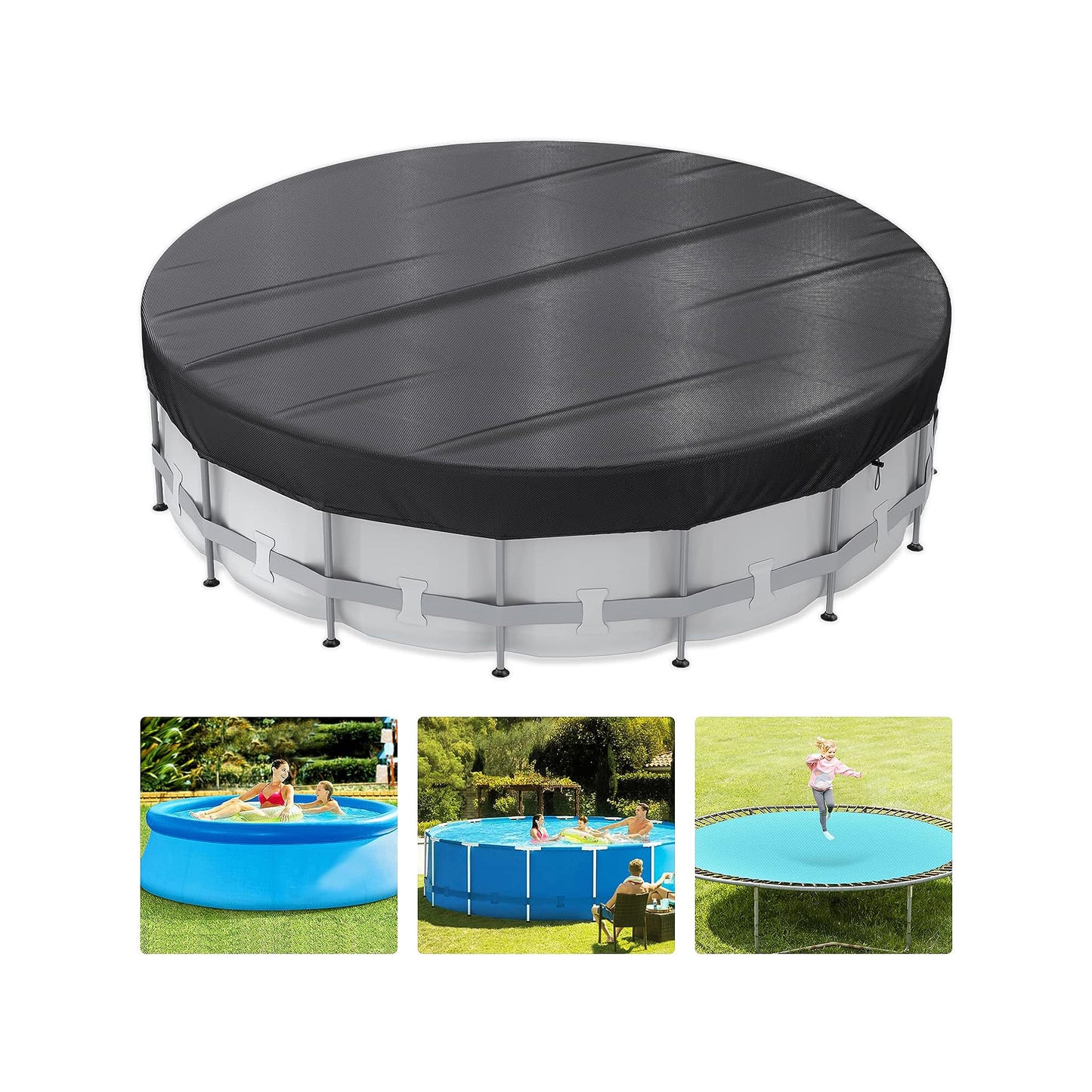 STARTWO Stellar Pool Shroud: Circular winter protection for above-ground pools in sleek black, with strong buckles, ropes, and ground stakes for stability.tool cover 22 Ft