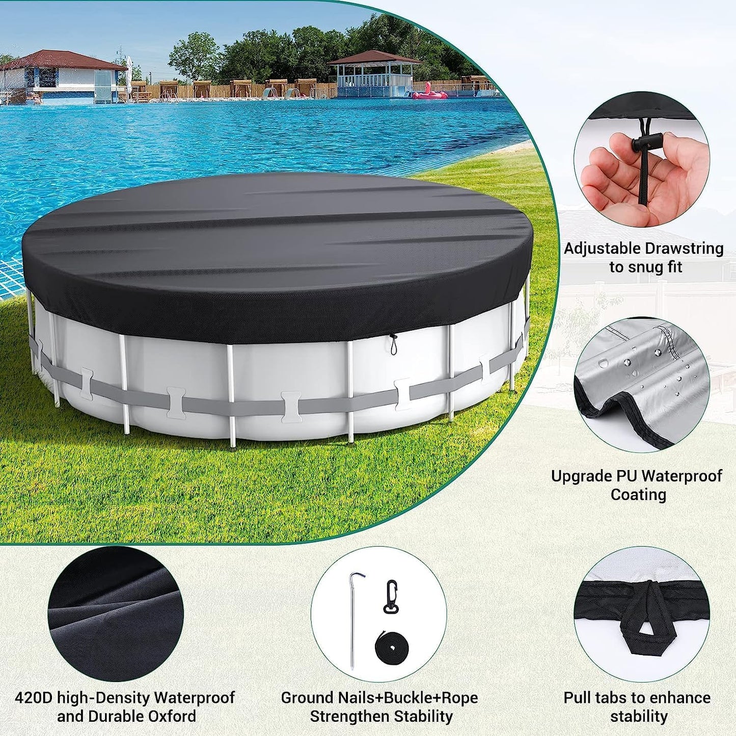 STARTWO Stellar Pool Shroud: Circular winter protection for above-ground pools in sleek black, with strong buckles, ropes, and ground stakes for stability.tool cover 22 Ft