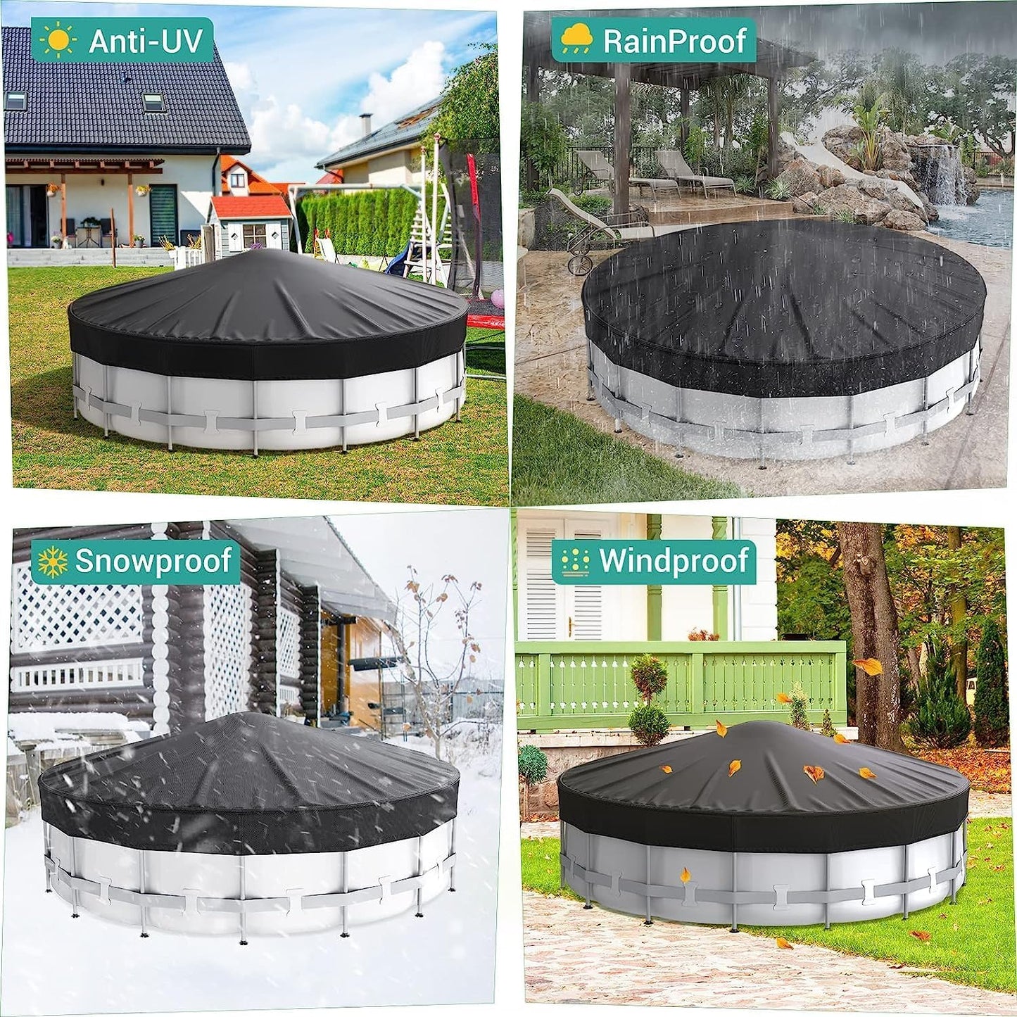 STARTWO Stellar Pool Shroud: Circular winter protection for above-ground pools in sleek black, with strong buckles, ropes, and ground stakes for stability.tool cover 22 Ft