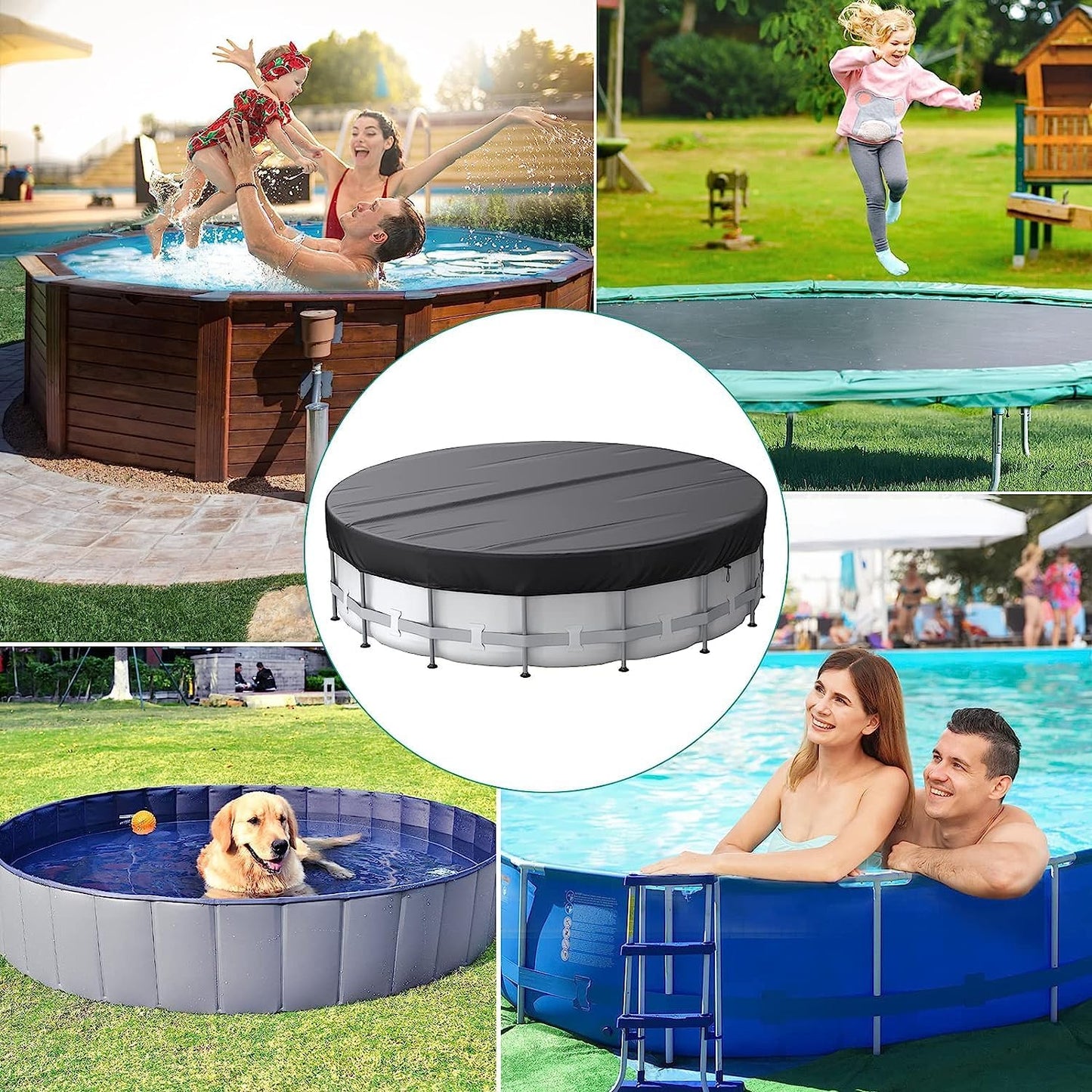 STARTWO Stellar Pool Shroud: Circular winter protection for above-ground pools in sleek black, with strong buckles, ropes, and ground stakes for stability.tool cover 22 Ft