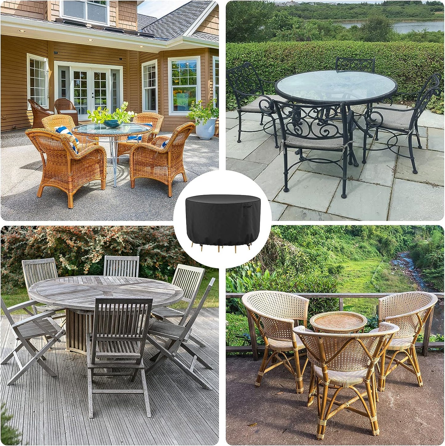 STARTWO Round Patio Furniture Covers, Waterproof Outdoor Table Cover, Heavy Duty 500D Round Patio Table & Chairs Cover, Outdoor Covers for Patio Table