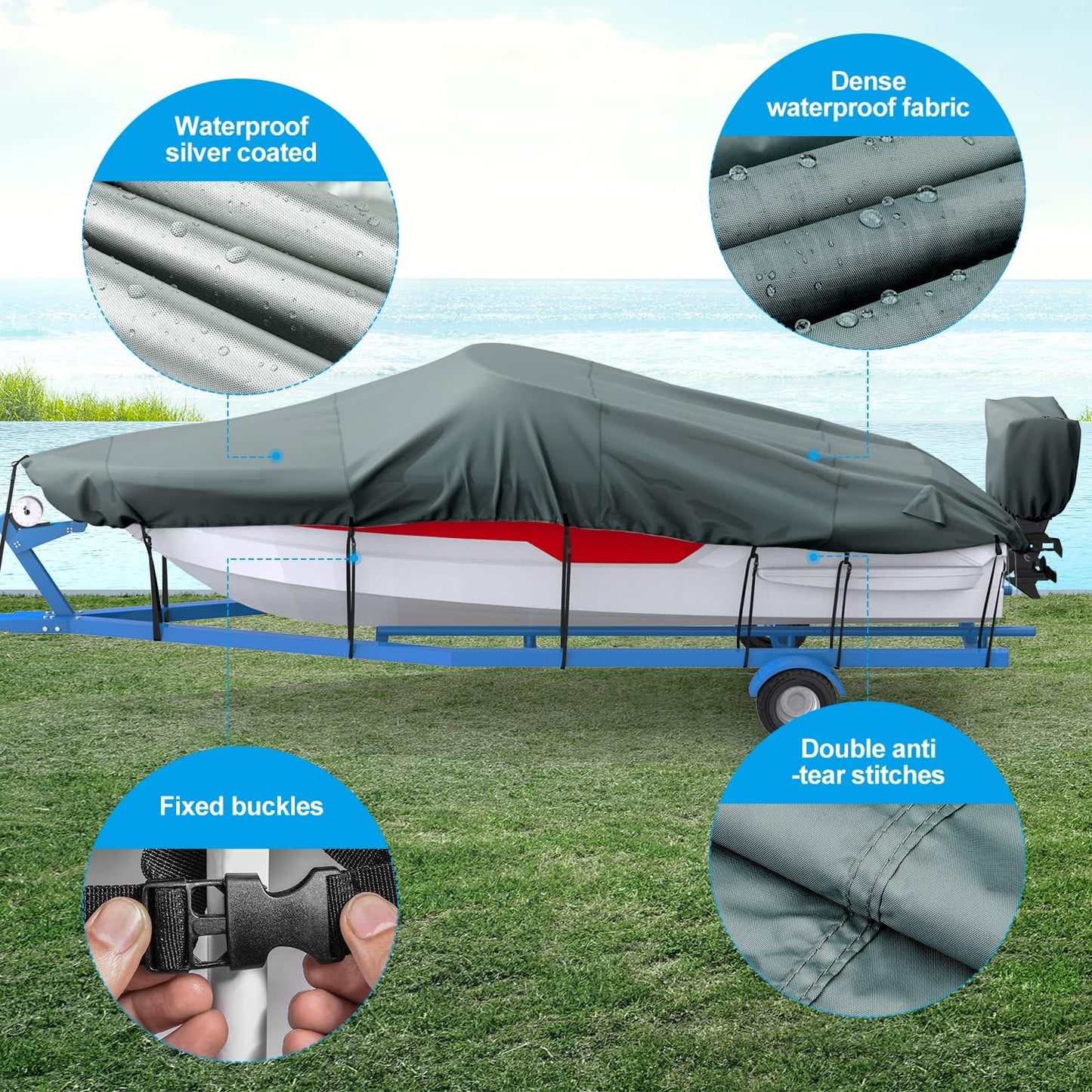 STARTWO Waterproof Boat Cover with Motor Protection, Crafted from Robust UV-Resistant Marine-Grade Polyester, Designed for V-Hull, TRI-Hull, and Runabout Boats .car cover